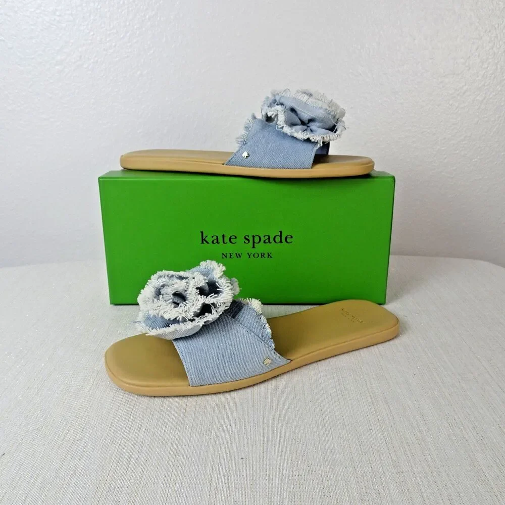 Kate Spade Women's Flourish Denim Flower Flat Sandals Slip Ons Flower New 7.5